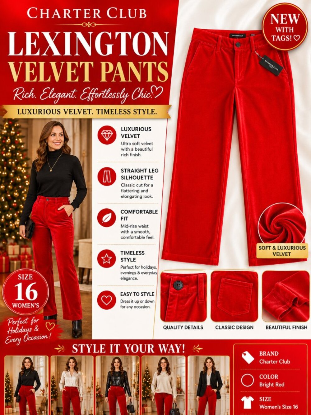 New Charter Club Lexington Velvet Pants Size 16 – Red Straight Leg Women’s Pants